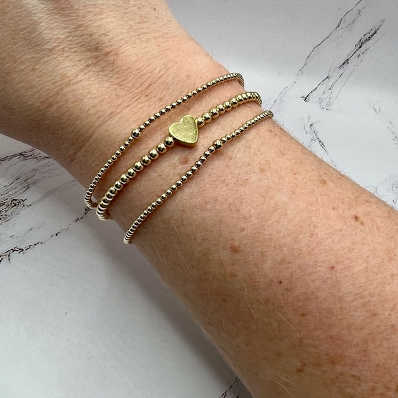 Set of 3 14k Gold Filled Bead Bracelets: Two 2mm & One 3mm w/Heart Charm - Picture 4 of 8